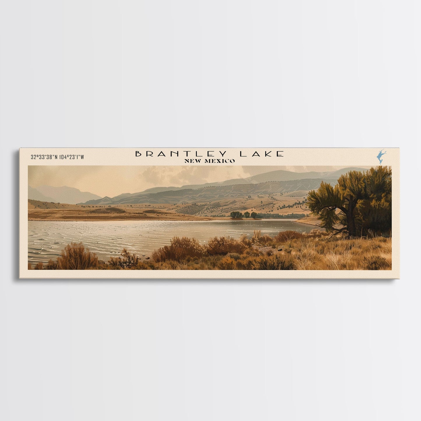 Brantley Lake New Mexico Framed Canvas Print, Lake House Art, Panoramic Wall Art, Travel Poster, Modern Lake Painting, Nature Art