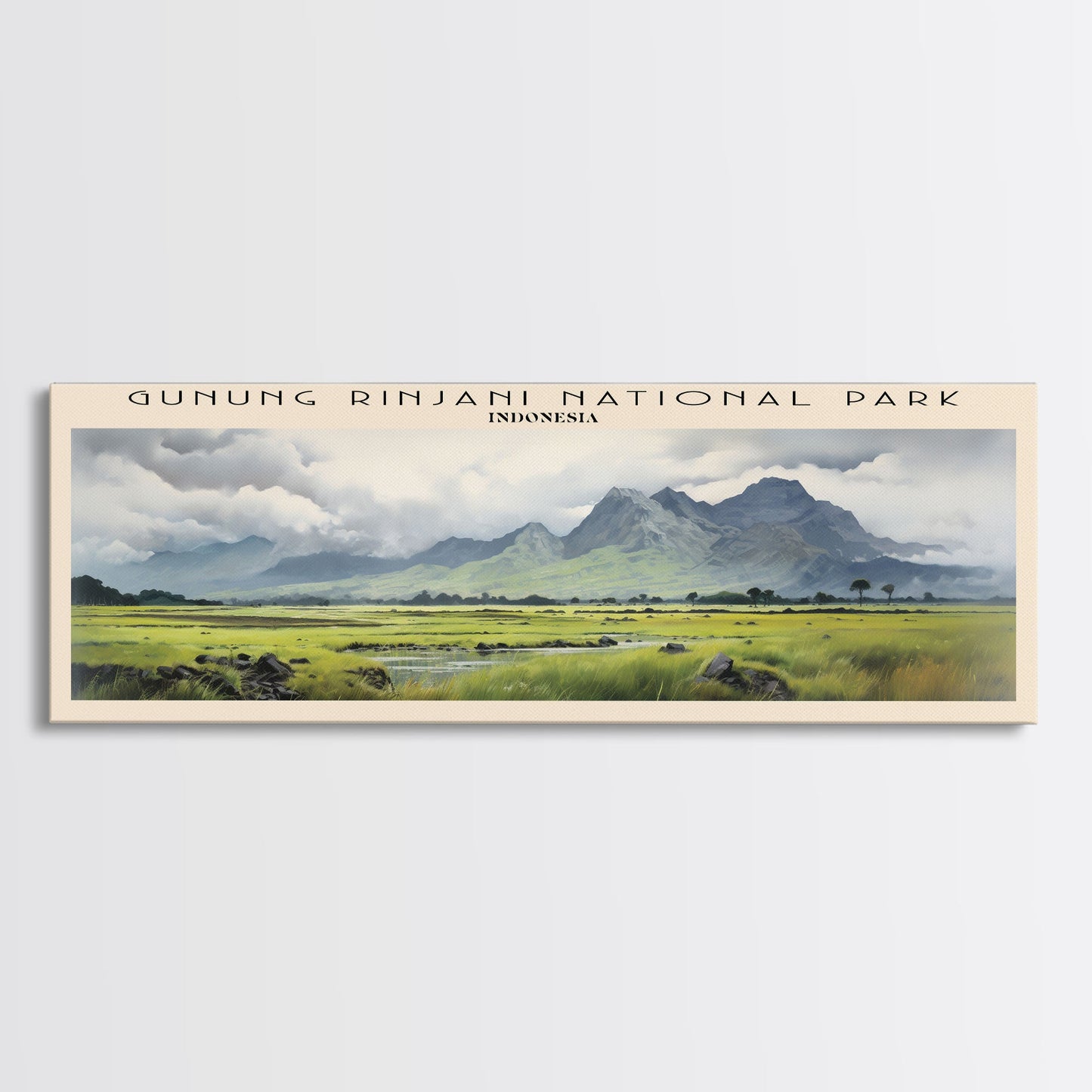 Gunung Rinjani National Park COUNTRY | Framed Travel Poster Canvas Print | Trendy Wall Art | Watercolor Painting | Living Room Art | Unique Art