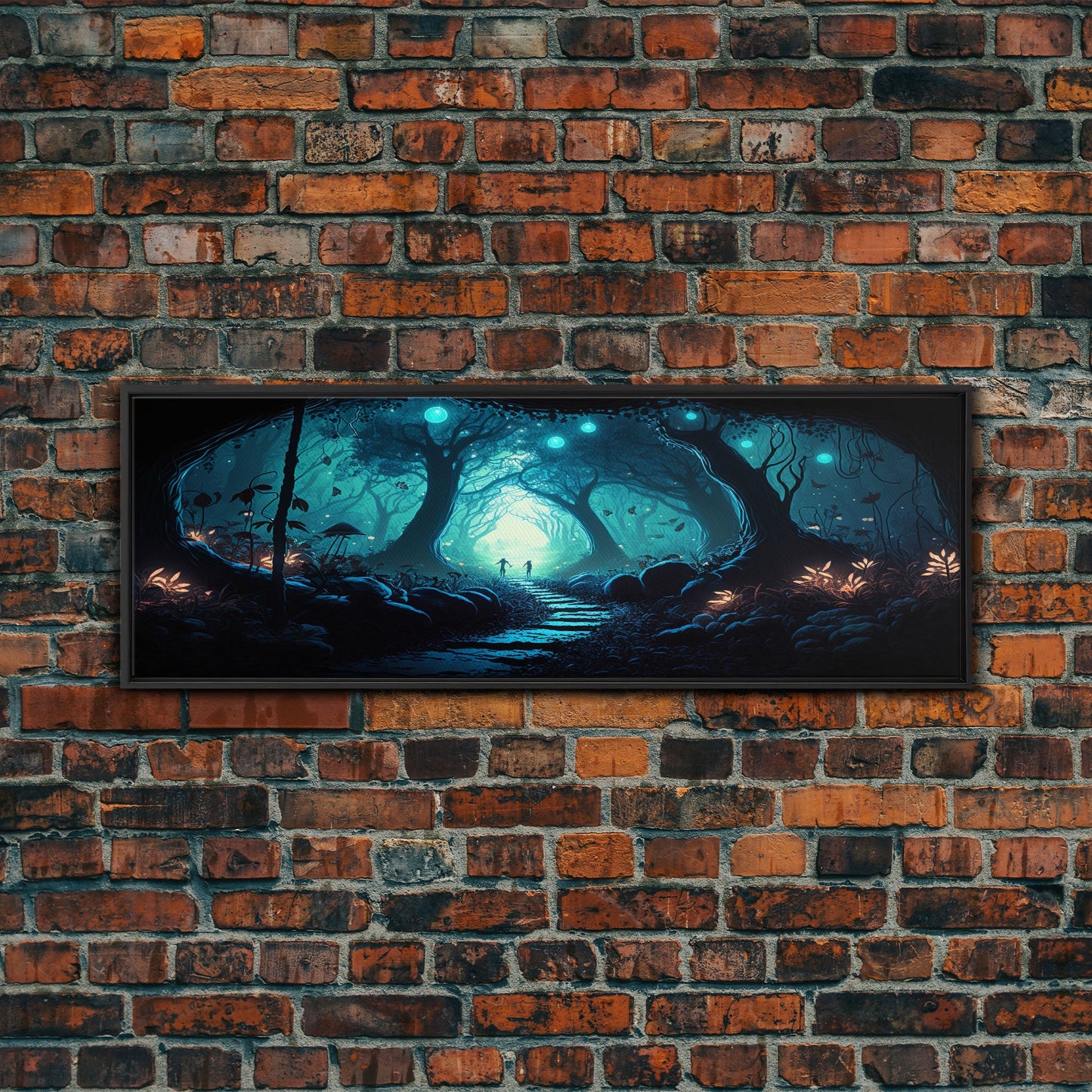 The mycelium Networrk, Fantasy Art, Framed Canvas Print, Bioluminescent Fantasy Forest At Night, Blue Glowing Ambience Art