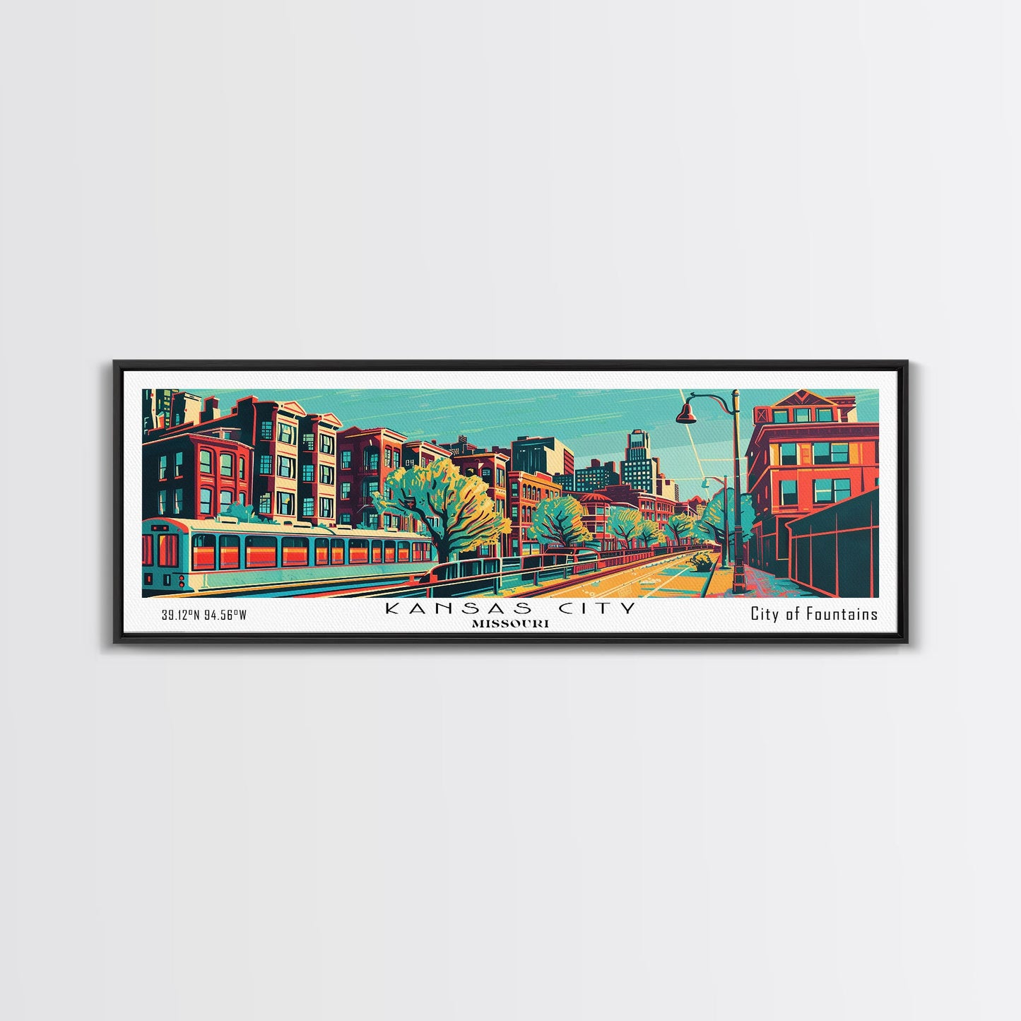 Kansas City Missouri Panoramic Travel Poster Framed Canvas Print, Mid Century Modern Art, Pop Art Style, Wall Art, Wall Decor, Home Decor, Retro Style Art