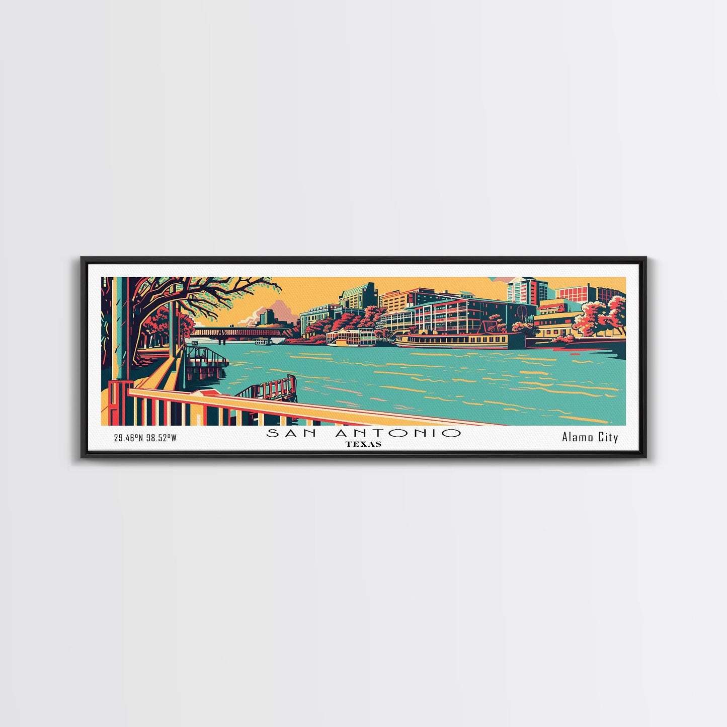 San Antonio Texas Panoramic Wall Art Framed Canvas Print, Travel Poster, Mid Century Modern Art, Pop Art Style, Home Decor, Office Art