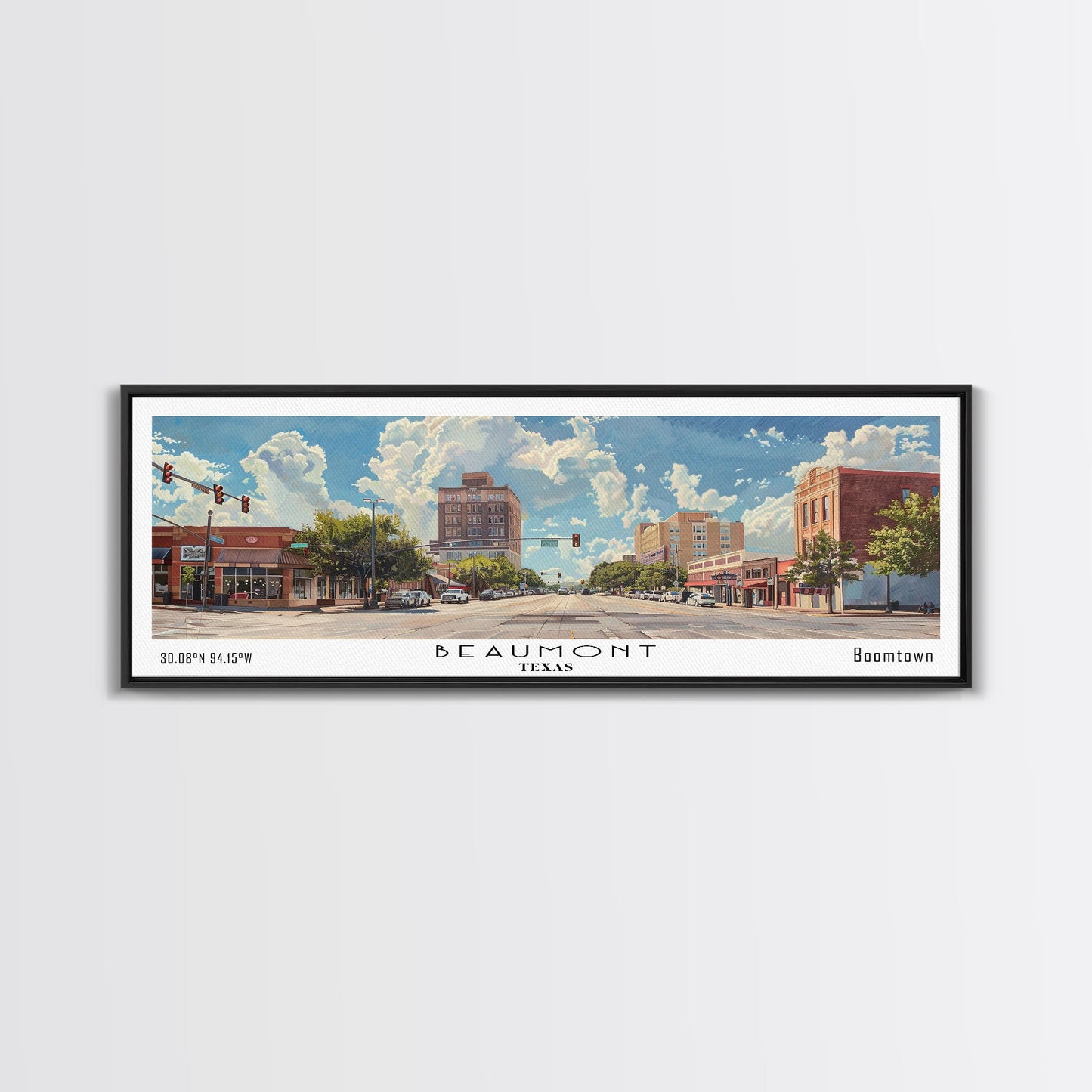 Beaumont Texas Panoramic Painting, Watercolor Framed Canvas Print, Scenic City Art, Travel Poster, Wall Hanging, Living Room Art, Gift Idea