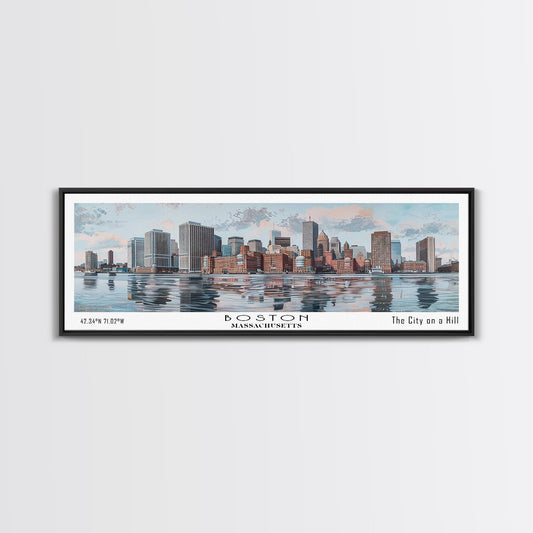 Boston Massachusetts Panoramic Painting, Watercolor Framed Canvas Print, Scenic City Art, Travel Poster, Home Decor, Wall Art, Office Wall Art