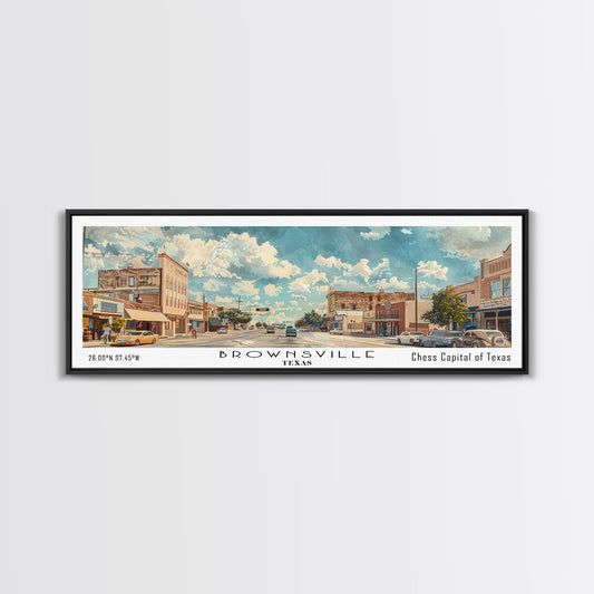 Brownsville Texas Panoramic Painting, Watercolor Framed Canvas Print, Scenic City Art, Travel Poster, Wall Decor, Living Room Art, Gift Idea