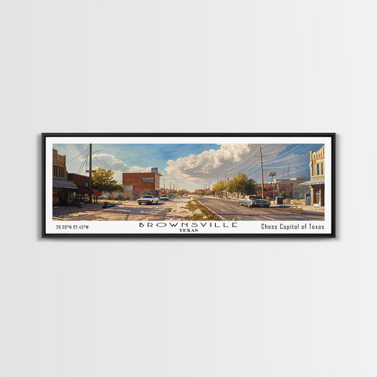 Brownsville Texas Panoramic Watercolor Painting, Framed Canvas Print, Scenic City Art, Travel Poster, Home Decor, Wall Art, Office Wall Art