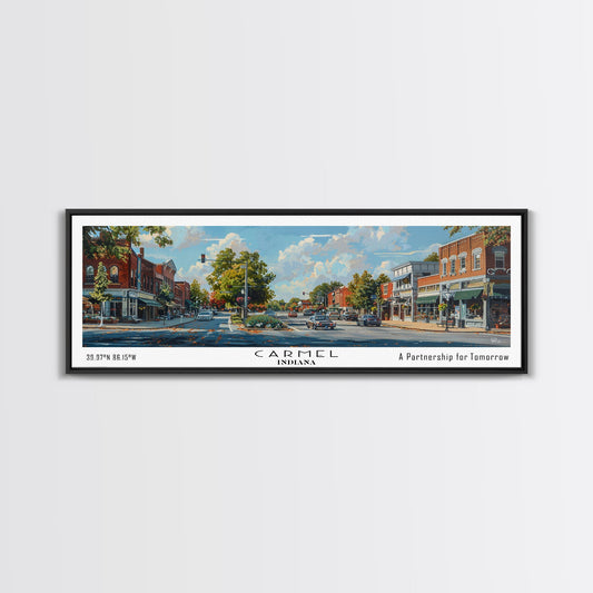 Carmel Indiana Panoramic Watercolor Painting Framed Canvas Print, Travel Poster Art, Charming Cityscape, Home Decor, Bedroom Wall Art, Office Decoration, Unique Travel Gift