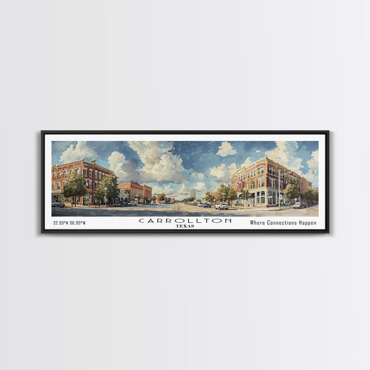 Carrolton Texas Panoramic Watercolor Painting Framed Canvas Print, Travel Poster Art, Home Decor, Vibrant Texas Cityscape, Living Room Wall Art, Office Decoration, Gift for Texans
