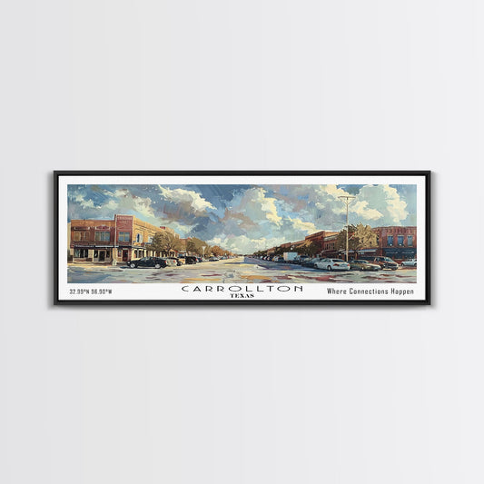 Carrolton Texas Panoramic Watercolor Painting Framed Canvas Print, Travel Poster Art, Home Decor, Texas City Landscape, Bedroom Wall Art, Office Decoration, Texas-Themed Gift