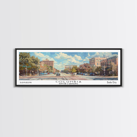 Columbia South Carolina Panoramic Watercolor Painting Framed Canvas Print, Travel Poster Art, Urban Cityscape, Living Room Decor, Wall Hanging, Office Art, Southern Charm Gift