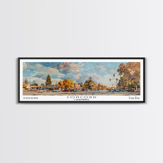 Concord California Panoramic Watercolor Painting Framed Canvas Print, Travel Poster Art, Urban Landscape, Bedroom Wall Art, Living Room Decoration, Office Wall Art, California-Themed Gift