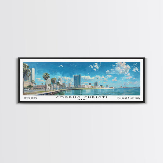 Corpus Christi Texas Panoramic Watercolor Painting, Scenic Framed Canvas Print, Coastal Wall Art for Living Room, Travel Decor, City Print, Vacation Gift