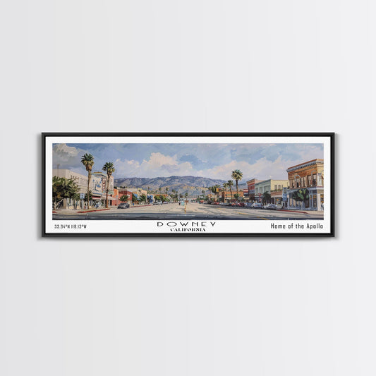 Downey California Panoramic Watercolor Painting, Scenic Framed Canvas Print, Urban Wall Art for Office, Travel Decor, City Print, Gift Idea