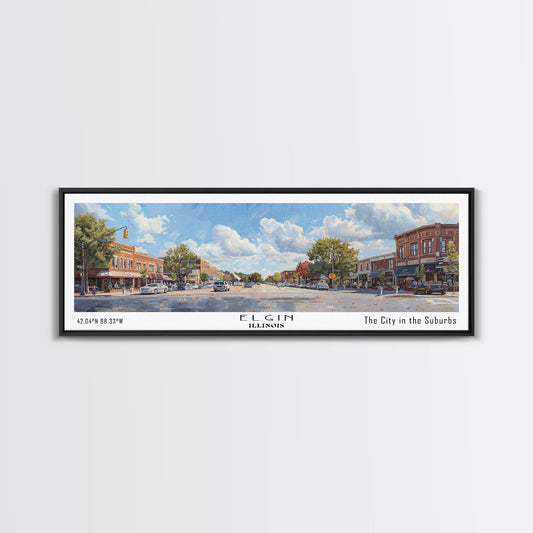 Elgin Illinois Panoramic Watercolor Painting, Scenic Framed Canvas Print, Urban Wall Art for Living Room, Travel Poster, Home Decor, City Gift Idea