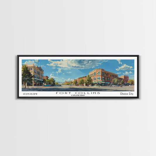 Fort Collins Colorado Panoramic Watercolor Painting, Scenic Framed Canvas Print, Urban Wall Art for Office, Travel Decor, City Print, Gift Idea
