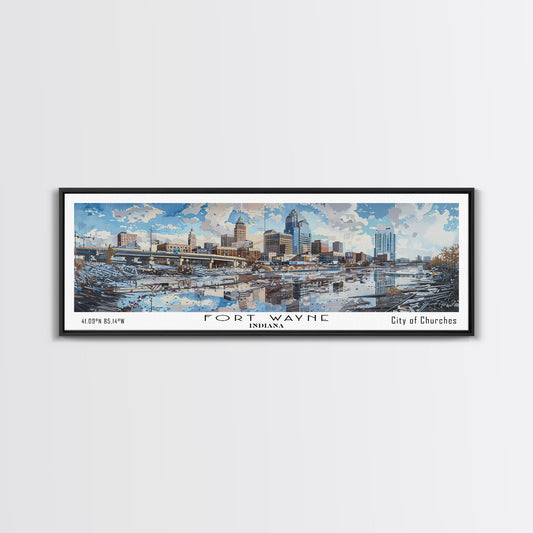 Fort Wayne Indiana Panoramic Watercolor Painting, Scenic Framed Canvas Print, Urban Wall Art for Office, Travel Decor, City Print, Gift Idea