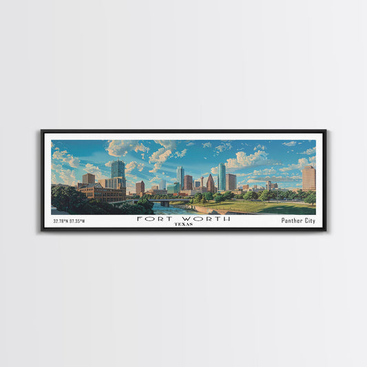 Fort Worth Texas Panoramic Watercolor Painting, Urban Framed Canvas Print, Cityscape Wall Art for Living Room, Travel Decor, Office Art, Gift Idea