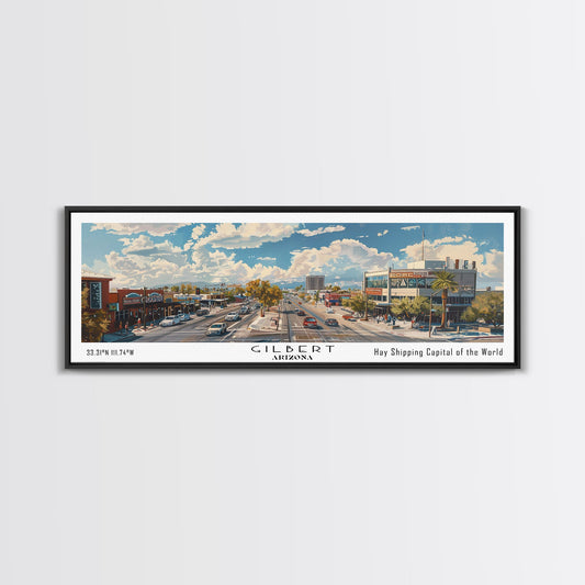 Gilbert Arizona Panoramic Watercolor Painting, Urban Framed Canvas Print, Cityscape Wall Art for Office, Travel Decor, Home Gift Idea