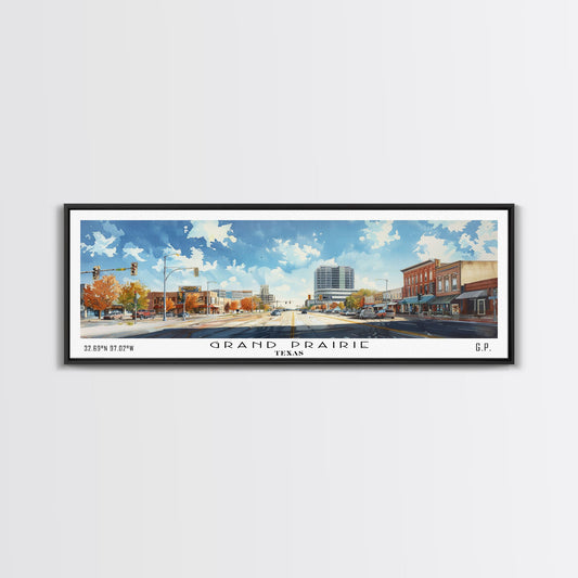 Grand Prairie Texas Panoramic Watercolor Painting, Urban Framed Canvas Print, Cityscape Wall Art for Living Room, Travel Decor, Home Gift Idea
