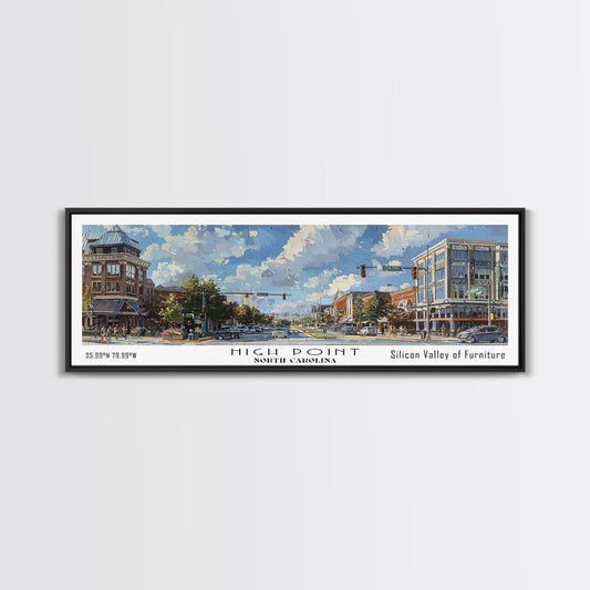 High Point North Carolina Panoramic Watercolor Painting, Urban Framed Canvas Print, Cityscape Wall Art for Office, Travel Decor, Home Gift Idea