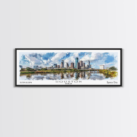 Houston Texas Panoramic Watercolor Painting, Urban Framed Canvas Print, Cityscape Wall Art for Living Room, Travel Poster, Home Decor, City Gift Idea