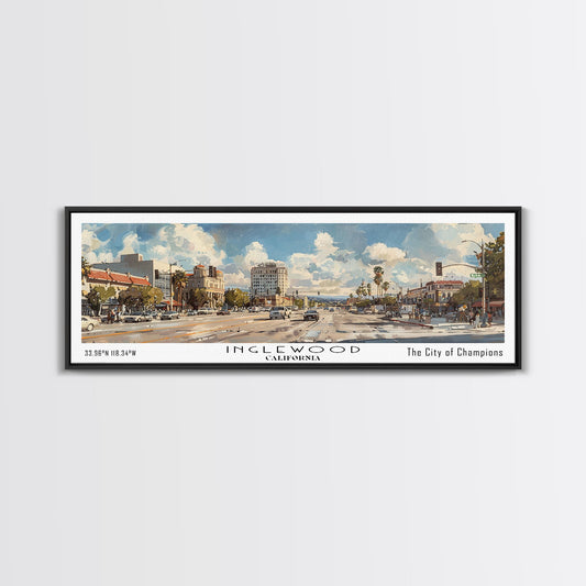 Inglewood California Panoramic Watercolor Painting, Urban Framed Canvas Print, Cityscape Wall Art for Office, Travel Decor, Home Gift Idea