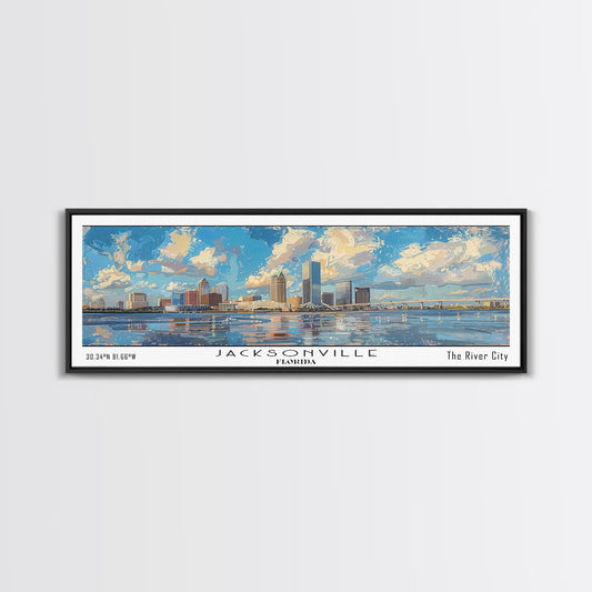 Jacksonville Florida Panoramic Cityscape Wall Art, Watercolor Framed Canvas Print, Home Decor, Office Wall Art, Travel Poster, Urban Painting