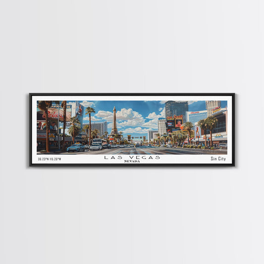 Las Vegas Nevada Panoramic Watercolor Cityscape, Framed Canvas Print for Living Room, Office Wall Art, Urban Decor, Travel Poster