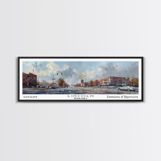 Lincoln Nebraska Panoramic Watercolor Cityscape, Framed Canvas Print for Living Room, Office Wall Art, Urban Decor, Travel Poster