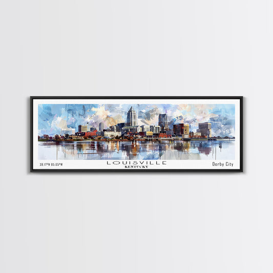 Louisville Kentucky Panoramic Cityscape Wall Art, Watercolor Framed Canvas Print, Urban Painting for Living Room, Office Decor, Travel Poster