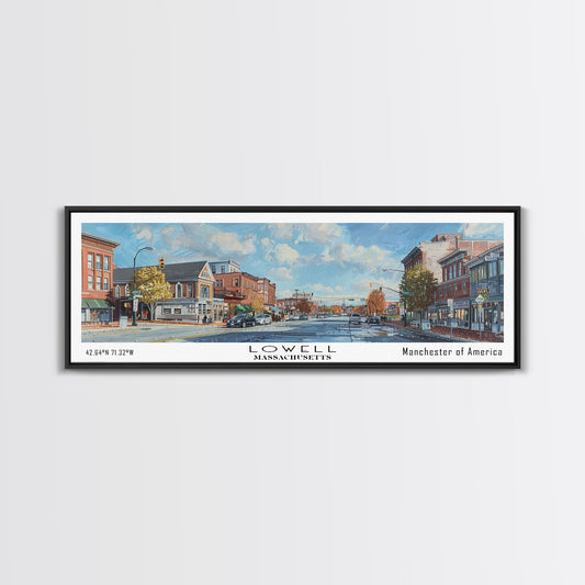 Lowell Massachusetts Panoramic Watercolor Cityscape, Framed Canvas Print for Living Room, Office Wall Art, Urban Decor, Travel Poster