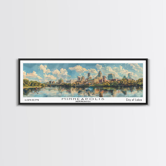 Minneapolis Minnesota Panoramic Framed Canvas Print, Watercolor Painting, Office Wall Art, Travel Poster, Home Decor, City Art