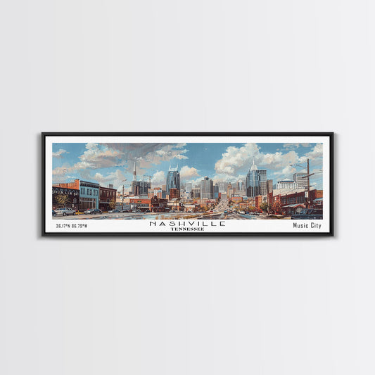Nashville Tennessee Panoramic Framed Canvas Print, Stunning Watercolor Painting, Office Wall Art, Travel Poster, Home Decor, City Art
