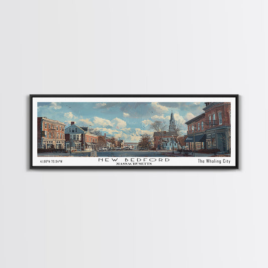 New Bedford Massachusetts Panoramic Framed Canvas Print, Stunning Watercolor Cityscape, Office Wall Art, Travel Poster, Home Decor