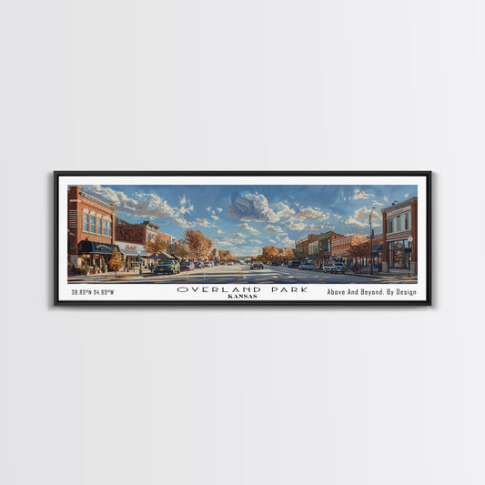 Overland Park Kansas Panoramic Framed Canvas Print, Cityscape Watercolor Painting, Travel Poster, Modern Home Decor, Urban Gift Idea