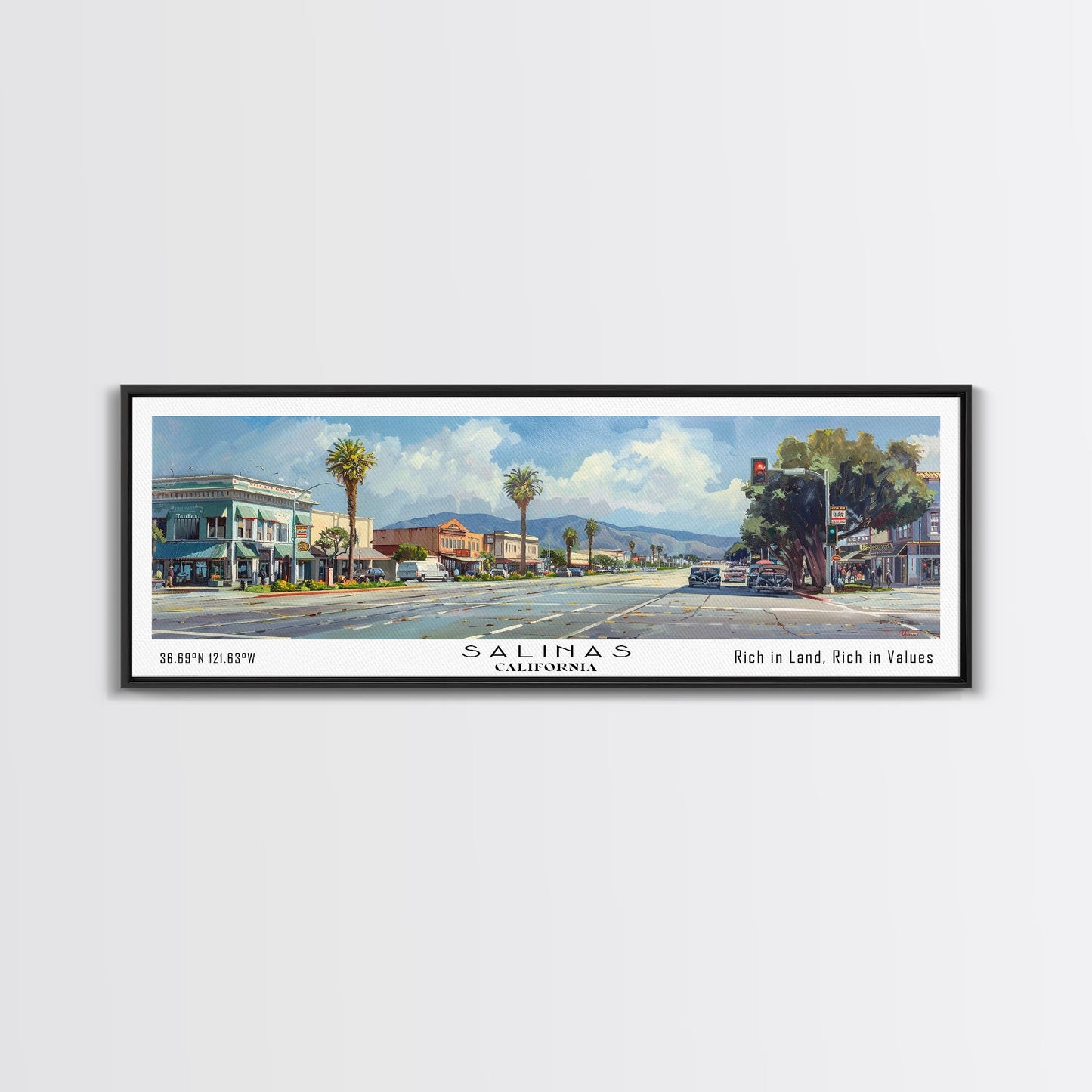 Salinas California Panoramic Print, Artistic Framed Canvas Print, Travel Poster Art, Home Decor, Living Room Wall Art