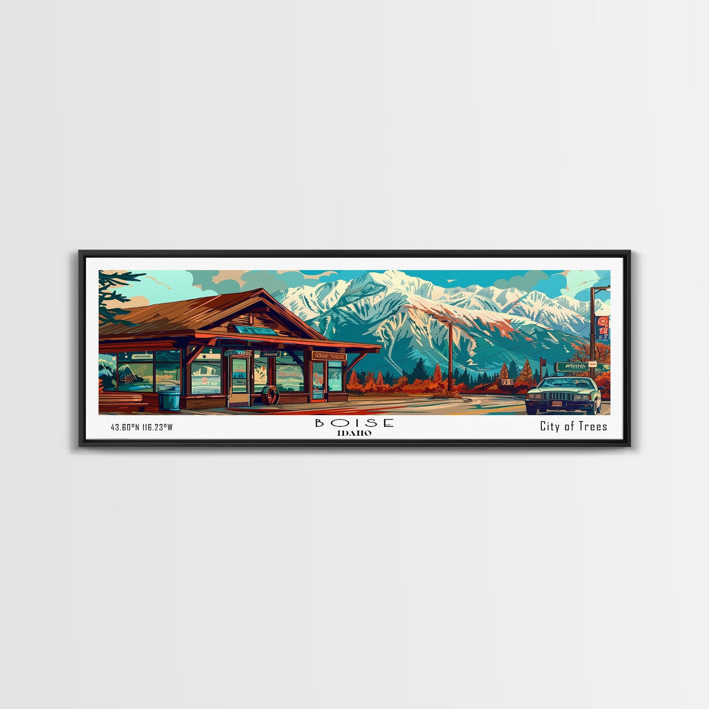 Boise Idaho Panoramic Travel Poster Framed Canvas Print, Mid Century Modern Art, Pop Art Style, Wall Art Decor, Home Decoration