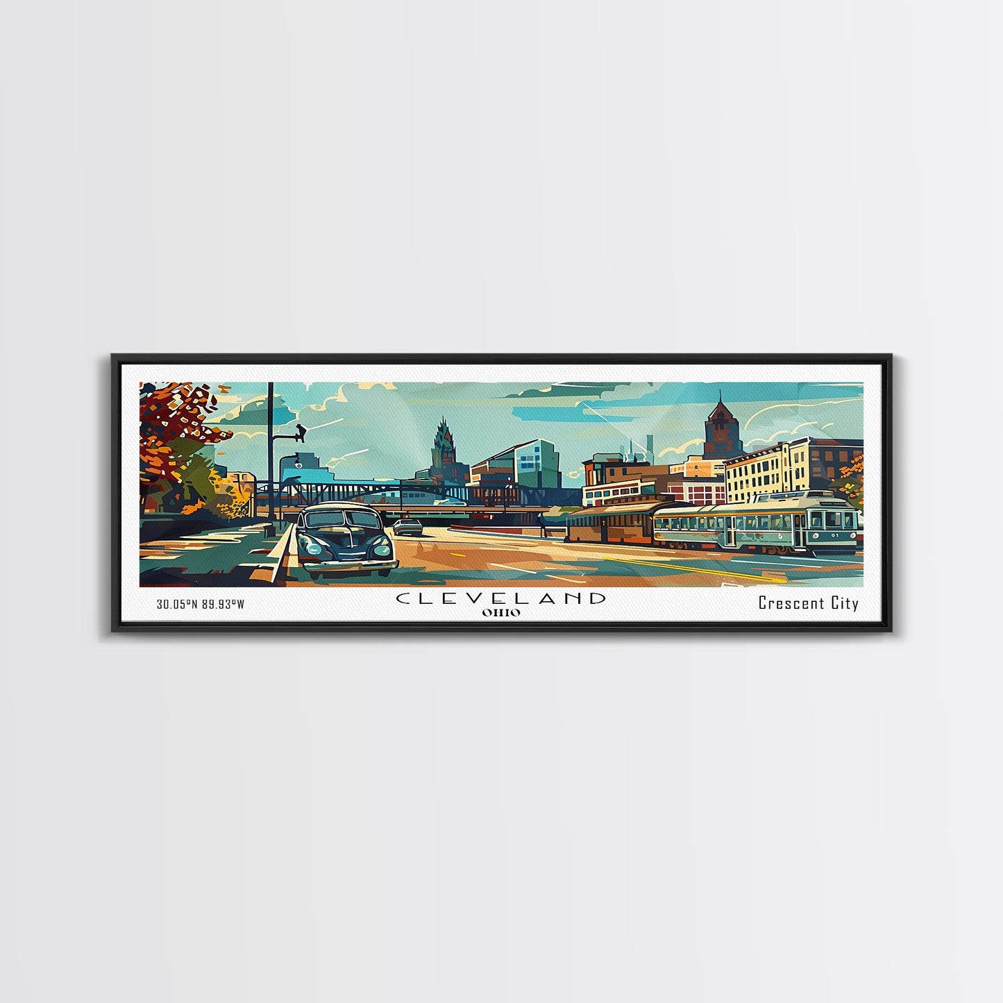 Cleveland Ohio Panoramic Wall Art, Mid Century Modern Framed Canvas Print, Retro Pop Art Travel Poster, Office Wall Art, Living Room Decor