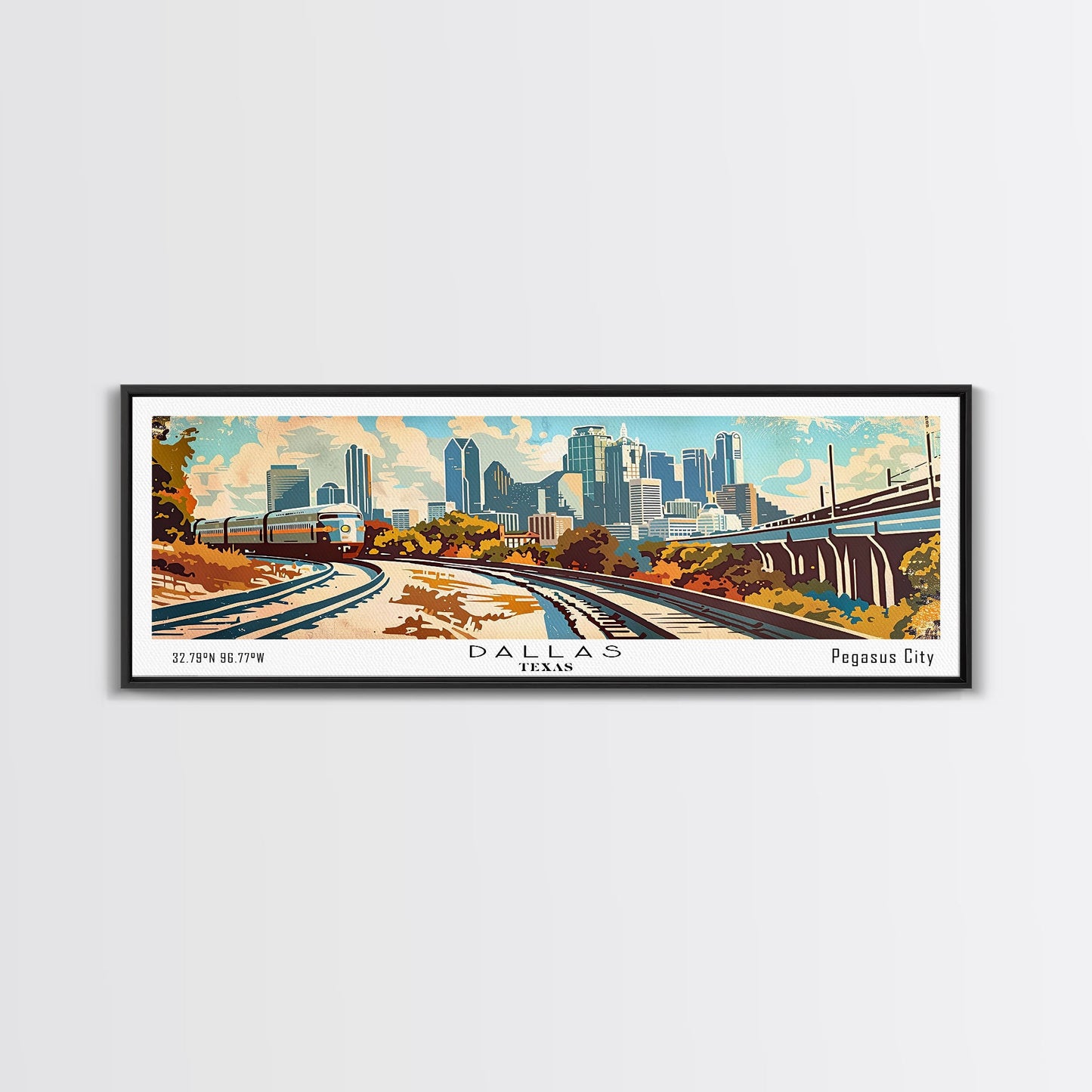 Dallas Texas Panoramic Wall Art, Retro Pop Art Framed Canvas Print, Mid Century Modern Travel Poster, Living Room Decor, Office Art