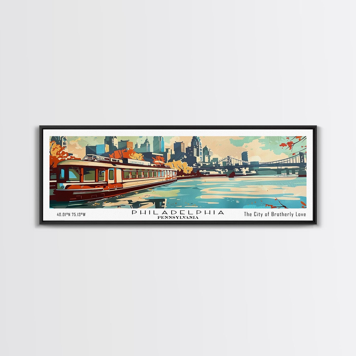 Philadelphia Pennsylvania Panoramic Wall Art, Retro Pop Art Framed Canvas Print, Mid Century Modern Travel Poster, Living Room Decor
