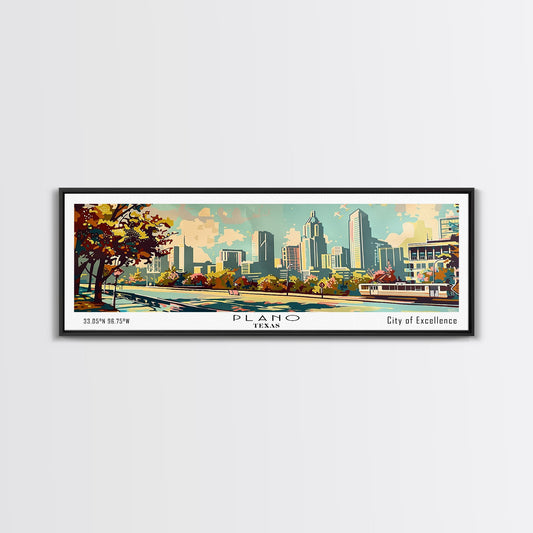 Plano Texas Panoramic Painting, Mid Century Modern Framed Canvas Print, Retro Pop Art Travel Poster, Living Room and Office Decor