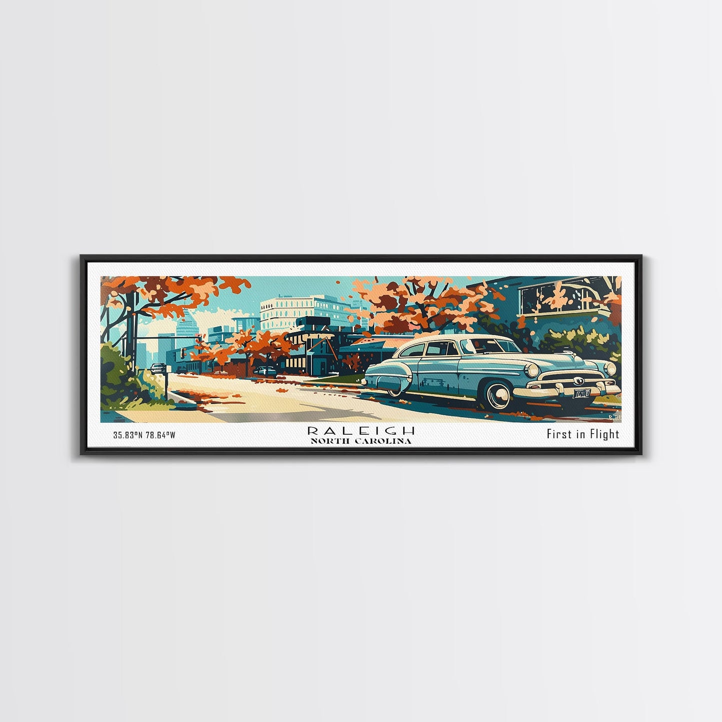Raleigh North Carolina Panoramic Painting, Mid Century Modern Framed Canvas Print, Retro Pop Art Travel Poster, Living Room and Office Wall Art