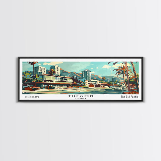 Tucson Arizona Panoramic Wall Art, Mid Century Modern Framed Canvas Print, Retro Pop Art Travel Poster, Living Room and Office Decor