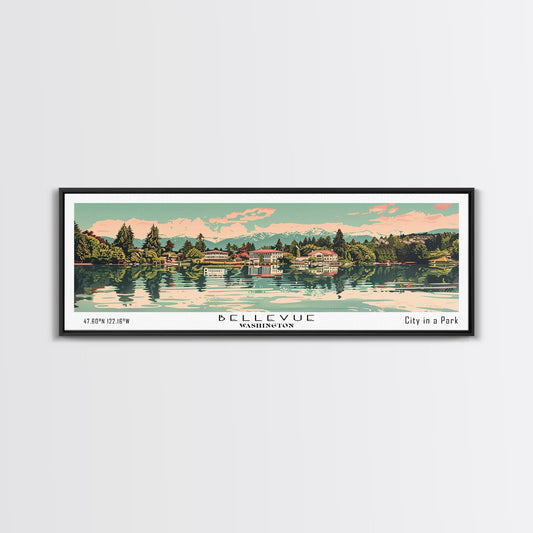 Bellevue Washington Panoramic Painting, Mid Century Modern Framed Canvas Print, Retro Pop Art Travel Poster, Office Wall Art, City Print