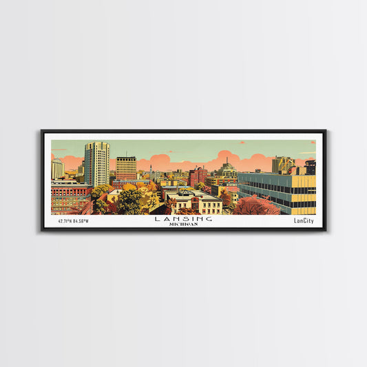 Lansing Michigan Panoramic Wall Art, Mid Century Modern Framed Canvas Print, Retro Pop Art Travel Poster, Living Room Decor