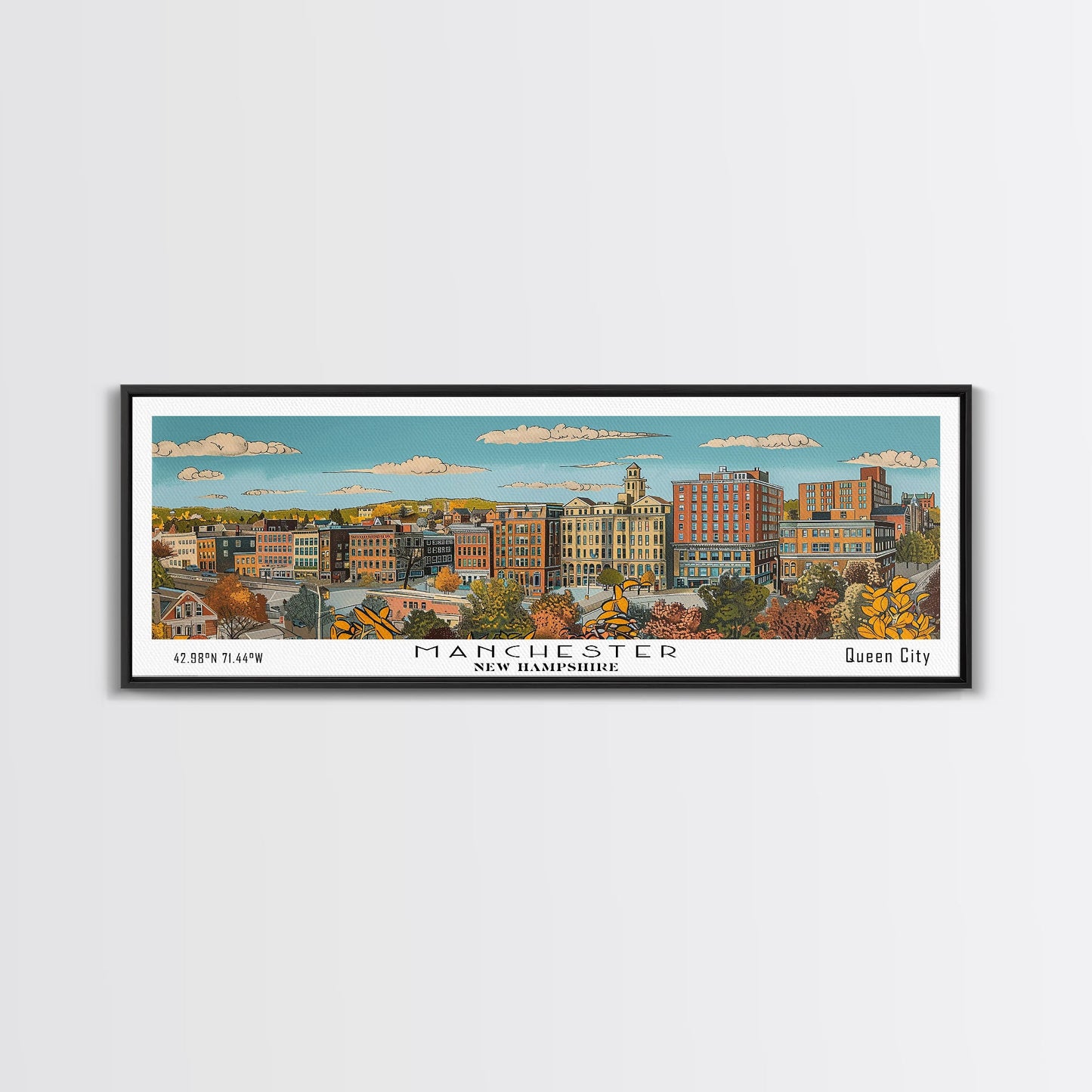 Manchester New Hampshire Panoramic Painting, Mid Century Modern Framed Canvas Print, Retro Pop Art Travel Poster, Living Room Decor