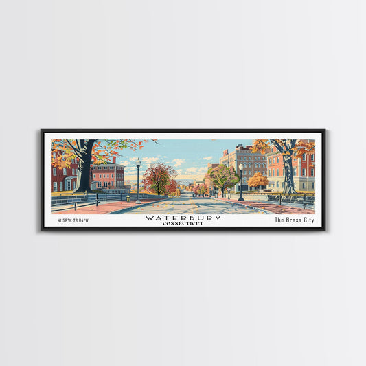 Waterbury Connecticut Panoramic Art, Mid Century Modern Framed Canvas Print, Retro Pop Art Travel Poster, City Print, Living Room Wall Decor