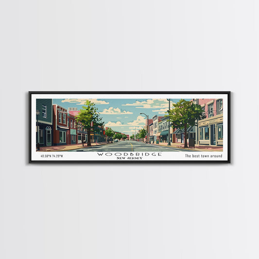 Woodbridge New Jersey Panoramic Painting, Mid Century Modern Framed Canvas Print, Retro Pop Art Travel Poster, Office Wall Art, Home Decoration