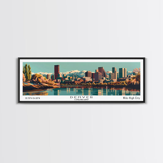 Denver Colorado Panoramic Painting, Framed Canvas Print, Mid Century Modern Wall Art, Retro Pop Art Travel Poster, Living Room Decor, City Art