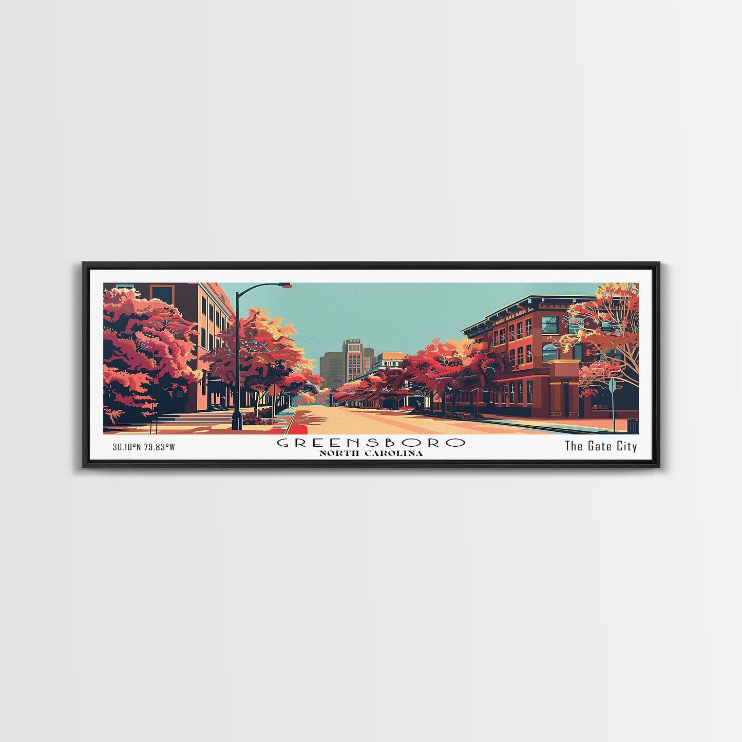 Greensboro North Carolina Panoramic Wall Art, Mid Century Modern Framed Canvas Print, Retro Pop Art Travel Poster, City Art, Living Room Decor, Home Office Decor