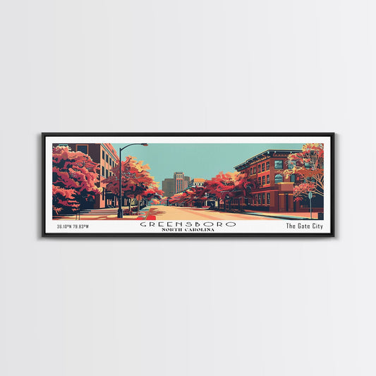 Greensboro North Carolina Panoramic Wall Art, Mid Century Modern Framed Canvas Print, Retro Pop Art Travel Poster, City Art, Living Room Decor, Home Office Decor